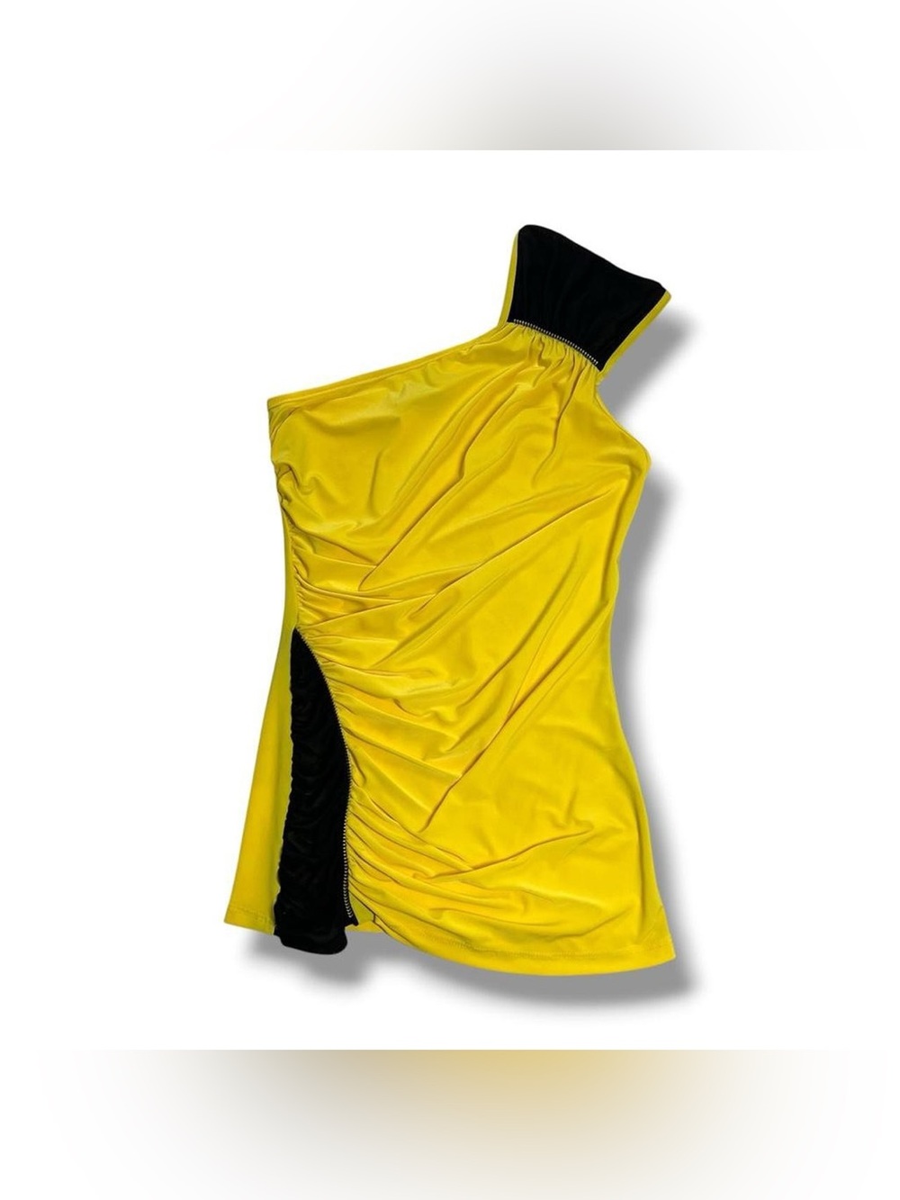 Vintage 90s Y2K Yellow Ruched One Shoulder Black Mesh Metal Made in USA